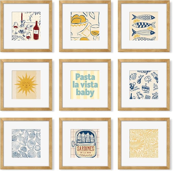 YESKAY 12x12 Picture Frame Set of 9, Photo Gallery Wall Frame Set, Display Pictures 8x8 with Mat or 12 x 12 Without Mat, Square Frame Picture Frames Collage Wall Decor, Natural Oak