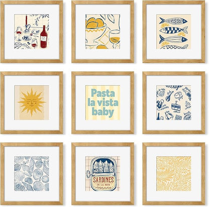 YESKAY 12x12 Picture Frame Set of 9, Photo Gallery Wall Frame Set, Display Pictures 8x8 with Mat or 12 x 12 Without Mat, Square Frame Picture Frames Collage Wall Decor, Natural Oak