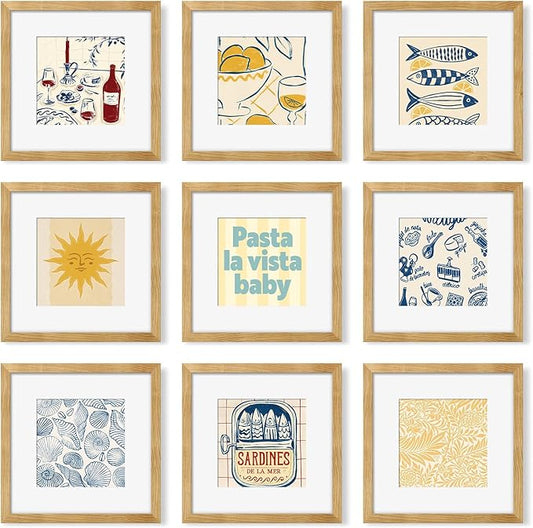 YESKAY 12x12 Picture Frame Set of 9, Photo Gallery Wall Frame Set, Display Pictures 8x8 with Mat or 12 x 12 Without Mat, Square Frame Picture Frames Collage Wall Decor, Natural Oak