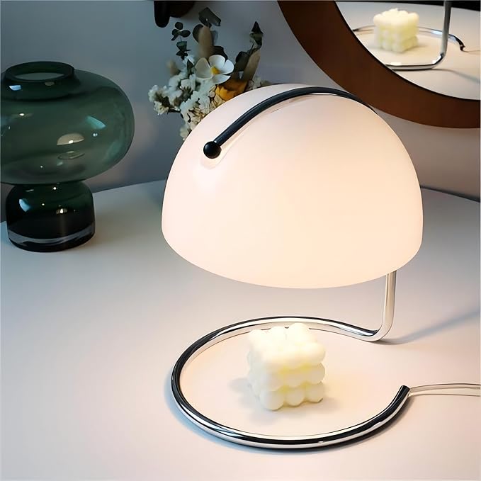 LIGHTLAND Modern Table Lamp, 8.7 Inch Bauhaus Style Semicircle Shape Bedside Lamp with Glass Shade and Metal Lamp Body, Glass Table Lamp for Study, Bedroom, Living Room (Pack of 1, White)