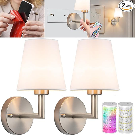 Vimhou Peel and Stick Wall Sconces, Stick On Wall Sconce Set of 2, Battery Operated Wireless Wall Light, No Drill Adhesive Wall Lamp, Corn Bulb with 10000mAh Rechargeable Battery, Bedroom Wall Decor