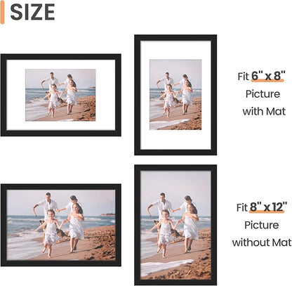 upsimples 8x12 Picture Frame Set of 10, Display Pictures 6x8 with Mat or 8x12 Without, Multi Photo Frames Collage for Wall or Tabletop Display, Black