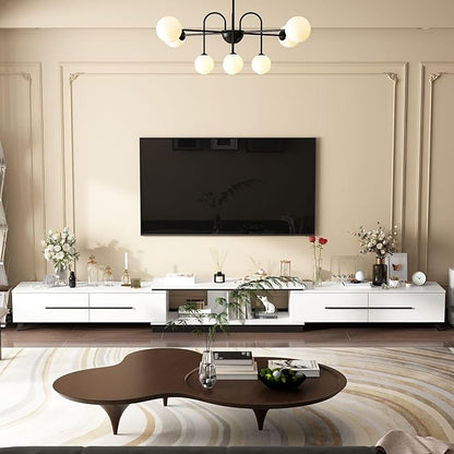 Modern TV Console Extendable Media Console, Adjustable Length, Contemporary Entertainment Center with Drawers and Legs, for Living Room White and Black (95”-133.9”W x 15.2”D x 13.1”H)