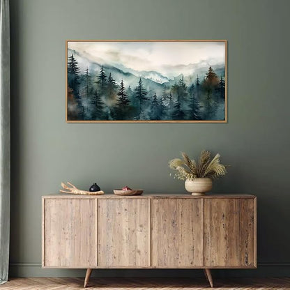 KAIRNE Watercolor Misty Forest Framed Canvas Wall Art Set, Nature Landscape Wall Decor, Foggy Mountain Pine Trees Wall Painting, Jungle Scenery Artwork for Living Room, Bedroom, Office-40 x20 x1