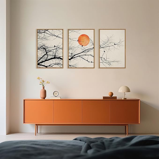 Large Vintage Tree Branch Framed Canvas Wall Art Set, Retro Tree Drawing Wall Decor, Nature Botanical Wall Painting, Neutral Landscape Art Print for Living Room, Bedroom, Office - 24"X36"X3