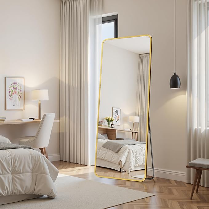 Suidia Full Length Mirror Over the Door&Wall Mounted, 48"x14" Door Mirror with Aluminum Alloy Frame, HD Shatterproof, No-Drill, Hanging Mirrors for Bedroom, Bathroom, Dorm, Closet, Rounded Rect, Gold