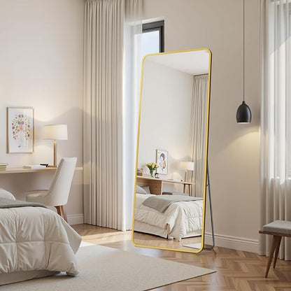 Suidia Full Length Mirror Over the Door&Wall Mounted, 48"x14" Door Mirror with Aluminum Alloy Frame, HD Shatterproof, No-Drill, Hanging Mirrors for Bedroom, Bathroom, Dorm, Closet, Rounded Rect, Gold