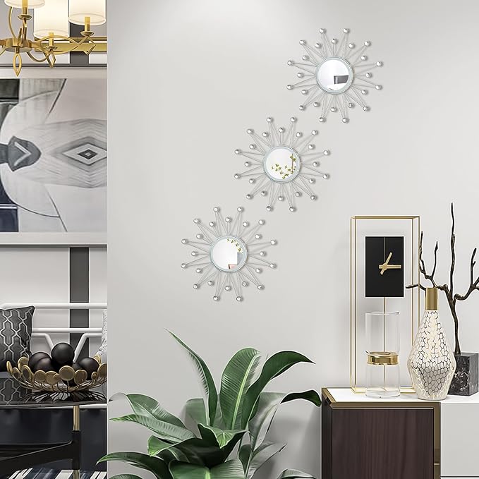 Uaussi 3 Pack Crystal Sunburst Wall Mirror Décor Rhinestone Mirrors Decorative Home Wall Art for Living Room Bedroom Entryway(Triangle Burst Silver)