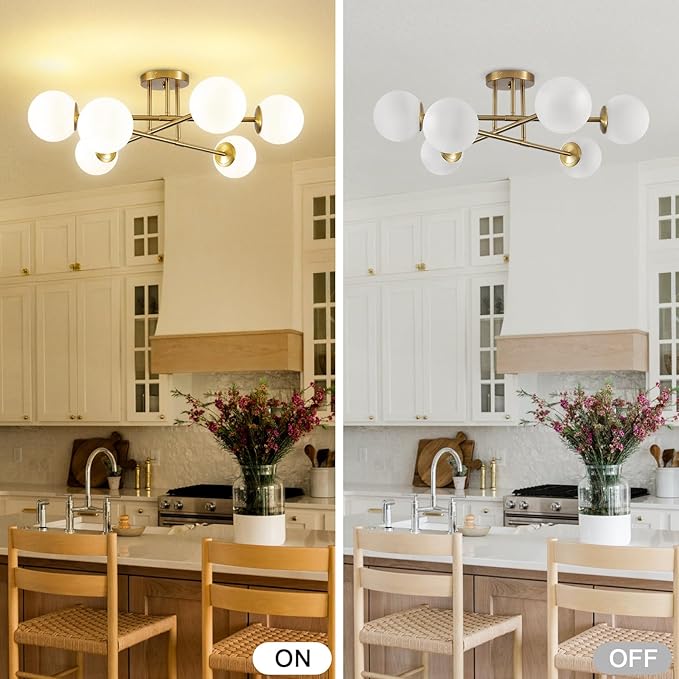 6-Light Glass Sputnik Chandeliers Gold Sputnik Ceiling Light Fixture with Milk White Glass Globe Flush Mount Ceiling Light Fixture for Dining Room Farmhouse Kitchen Living Room Bedroom