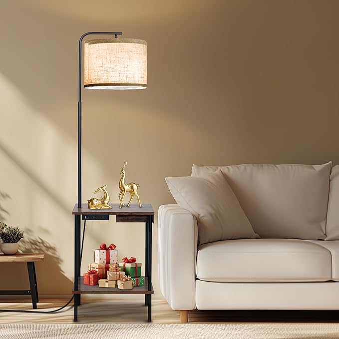 EOEYYOYB Floor Lamp with Table & Drawers, End Table Lamp with USB Charging Portt Power Outlet and Shelves, Side Table Reading Light with 3 Color Temperature Led Bulb Included for Living Room, Yellow