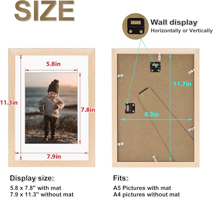 KINLINK A4 Picture Frame, White Oak Solid Wood Frames with Acrylic Plexiglass for Pictures A5 with Mat or A4 without Mat, Tabletop and Wall Display Photo Frame 4 Pack