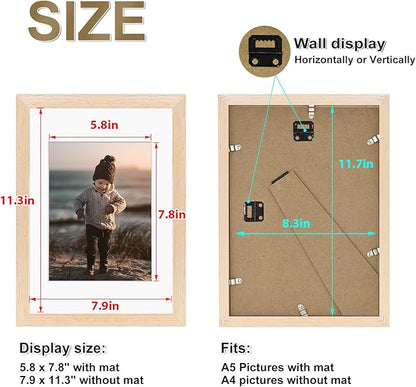 KINLINK A4 Picture Frame, White Oak Solid Wood Frames with Acrylic Plexiglass for Pictures A5 with Mat or A4 without Mat, Tabletop and Wall Display Photo Frame 4 Pack