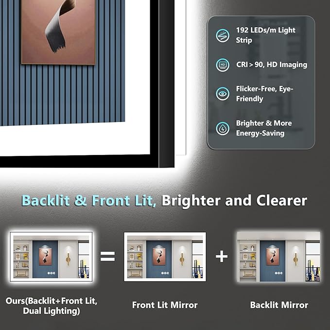 50x30 Black Framed LED Bathroom Mirror with Lights, Backlit and Front Lit Anti-Fog Lighted Vanity Mirrors for Bathroom Wall, Dimmable, 3 Colors, Memory, HD Tempered Glass, Horizontal/Vertical
