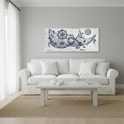 sechars Nautical Decor Wall Art Fishing Net with Boat Wheels and Shells Picture Paintings Vintage Lake House Wall Decoration 20 x 48 inches (Blue)