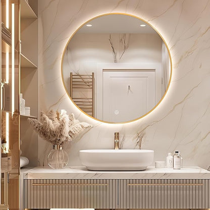 Niccy 24" LED Backlit Round Mirror for Bathroom, Gold Framed Vanity Light Wall Mirror, LED Smart Circle Mirrors with 3 Lighting Colors, Round Lighted Mirror with Anti-Fog, IP65 Waterproof