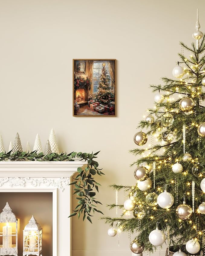 InSimSea Framed Canvas Wall Art, Vintage Christmas Tree Decor, Living Room Pine Tree Decorations, Winter Cottagecore Decor for Bedroom Bathroom, Xmas Holiday Decorations Gifts, 12x16 Inch