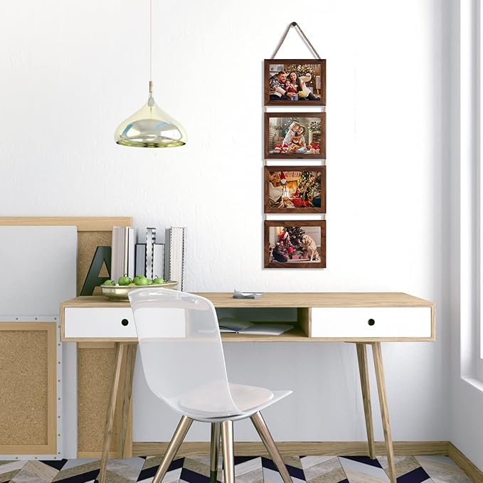 Lavezee 5x7 Hanging Collage Picture Frames Set of 2, Walnut Brown 8 Opening Horizontal Frame Made to Display 5 by 7 Inch Photo for Wall Decor