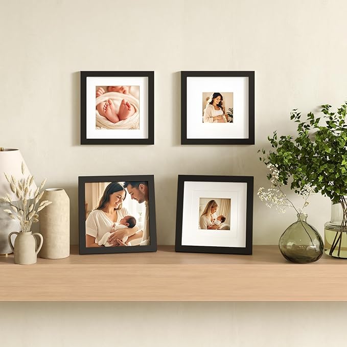 Egofine 8x8 Picture Frames 4 PCS - Made of Solid Wood Covered by Plexiglass Display 4x4/6x6 with Mat or 8x8 without Mat, for Table Top Display and Wall Mounting Photo Frame Black