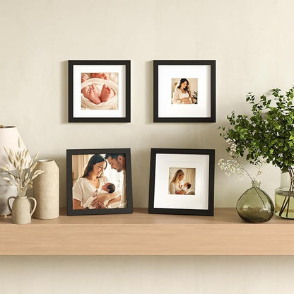 Egofine 8x8 Picture Frames 4 PCS - Made of Solid Wood Covered by Plexiglass Display 4x4/6x6 with Mat or 8x8 without Mat, for Table Top Display and Wall Mounting Photo Frame Black