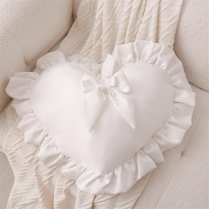 MOJUN Heart Pillows, White Bow Ruffle Love Heart Shaped Throw Pillows Decorative Pillow Cushion for Sofa Bed Living Room Home Decor Wedding Gifts Pillows, 19.6"×15.7"