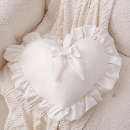MOJUN Heart Pillows, White Bow Ruffle Love Heart Shaped Throw Pillows Decorative Pillow Cushion for Sofa Bed Living Room Home Decor Wedding Gifts Pillows, 19.6"×15.7"