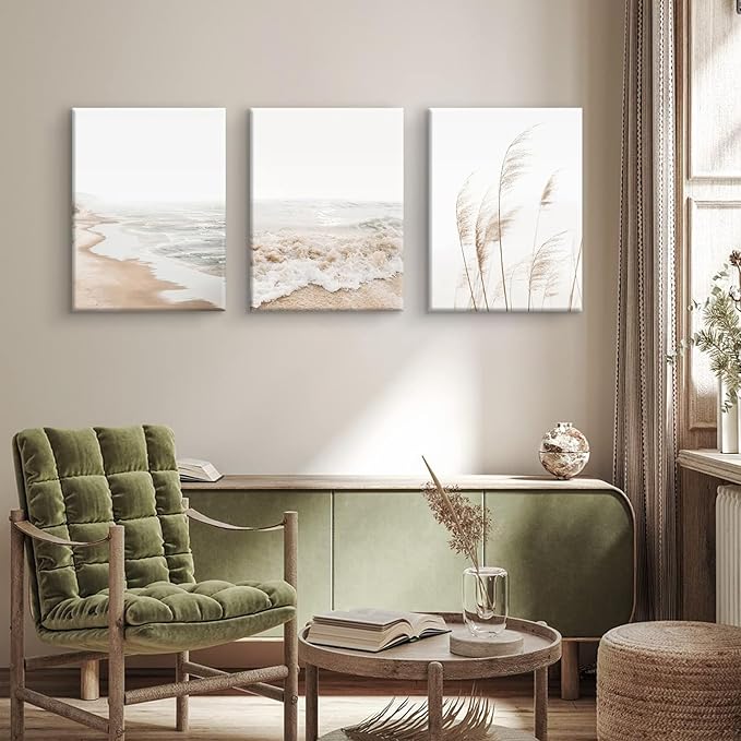 HDXUFJQ Neutral Beach Coastal Canvas Wall Art Beach Boho Botanical Pampas Grass Wall Decor Minimalist Nature Landscape Pictures Painting Summer Ocean Prints Waves Artwork(12"x16")