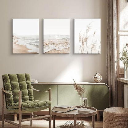 HDXUFJQ Neutral Beach Coastal Canvas Wall Art Beach Boho Botanical Pampas Grass Wall Decor Minimalist Nature Landscape Pictures Painting Summer Ocean Prints Waves Artwork(16"x24")