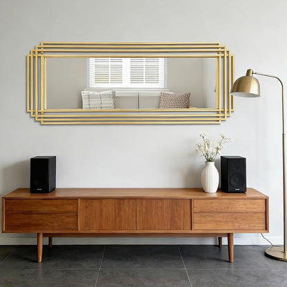 Geometric Wall Mirror, 63"x24" Large Rectangle Mirror with Gold Metal Frame, Modern Elegant Art Deco Mirror for Living Room Bedroom Entryway Hallway, Hangs Vertically or Horizontally