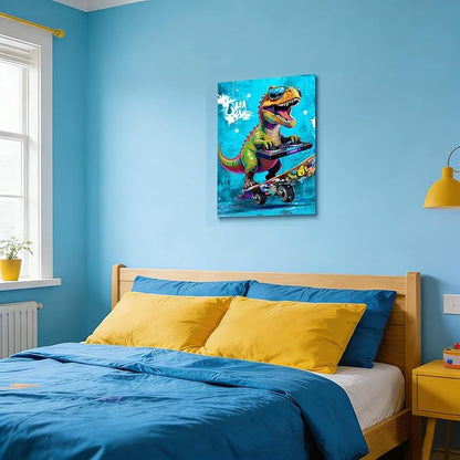 16x24 Graffiti Blue Skateboard T-Rex Dinosaur Canvas Wall Art Prints, Framed Watercolor Animal Pop Cool Painting, Funny Kids & Teen Boy Bedroom Decor, Home Bathroom Living Room Wall Poster Gift