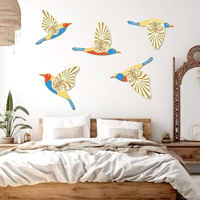 KOYILTD 5 Piece Bird Wood Wall Sculptures Wooden Wall Art Decor Scandinavian Home Decorations Flying Bird Wall Decor Farmhouse Wall Art for Home Living Room Bathroom Dining Room (Multicolor)