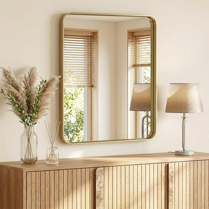 OLIXIS Bathroom Mirror for Over Sink, 30x36 Inch Wall Rounded Rectangle Mirror with Matte Metal Framed, Modern Wall Mount Vanity Mirror for Home Decor, Living Room, Bedroom, Gold