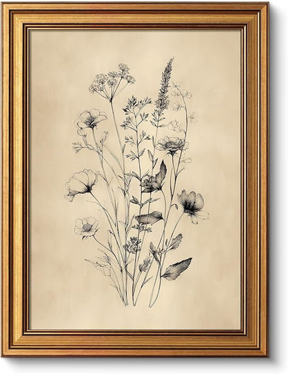 VIYYIEA Vintage Wildflower Sketch Rustic Farmhouse Wall Art Decor for Living Room Bedroom, Aesthetic Botanical Floral Meadow Bouquet Pictures,12x16inch,Gold Framed Canvas Prints Paintings