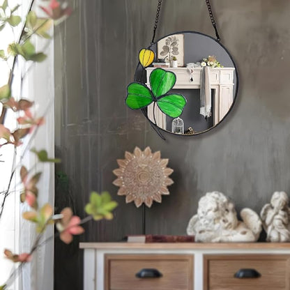 Clover Wall Decorative Art Mirror, 8-inch Small Mirror with Chain, Handmade Stained Glass Window Hanging, Gift for Girlfriend and Mother's Day