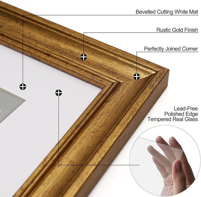 Yaetm 4x6 Gold Picture Frame Set of 4, 1.4” Wide Molding & Rustic Gold Photo Frames with HD Tempered Glass, Display on Tabletop & Wall Mounting