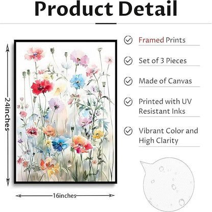 KISSFOX Framed Colorful Wildflower Canvas Wall Art Set Of 3 Flowers Pictures Prints Flowers Printing Floral Watercolors Flower wall Decor Living Room Girls Bedroom Bathroom