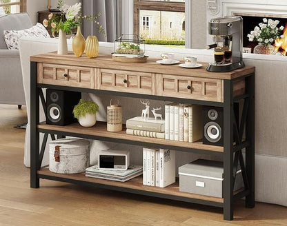 FATORRI Console Table for Entryway, Rustic Sofa Table with 3 Drawers for Living Room, Farmhouse Hallway Tables with Storage and Couch Tables Behind Sofa (54.72 Inch Long, Rustic Oak)