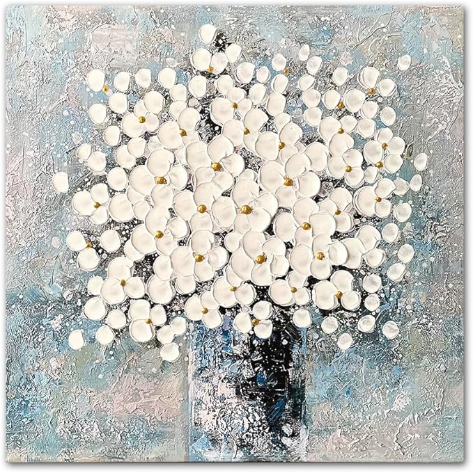 Waowumar Flowers Canvas Wall Art Blue and White Blossom Pictures Contemporary Palette Knife Floral Textured Painting for Bedroom Living Room Decor
