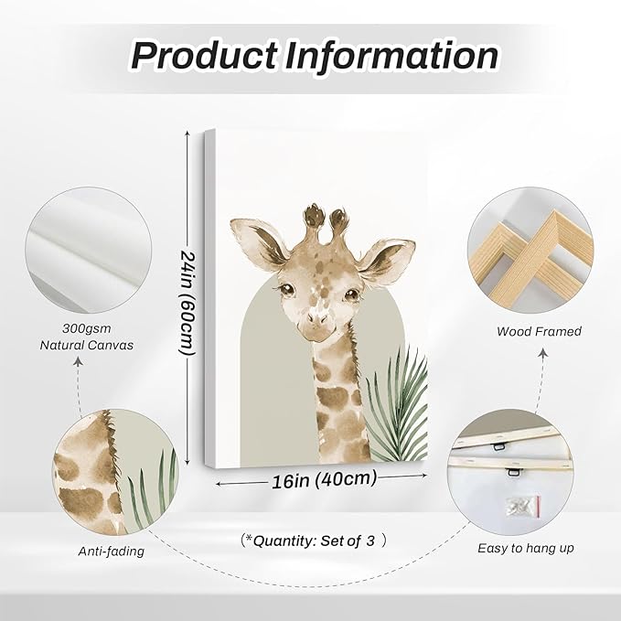 Nursery Animal Wall Art Decor Safari Jungle Nursery Pictures Baby Boy Room Canvas Wall Decor Woodland Animals Prints Safari Giraffe Artwork for Boys Kids Bedroom 16x24 Inch Wrapped Canvas Set of 3