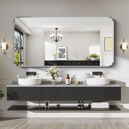CIRCUMI Silver Bathroom Mirror, 36"x72" Rectangular Mirror with Deep Metal Frame, Rounded Corner, Tempered Glass, Large Mirror for Wall, Over 2 Sinks, Installed Vertically/Horizontally, Crystal-Clear