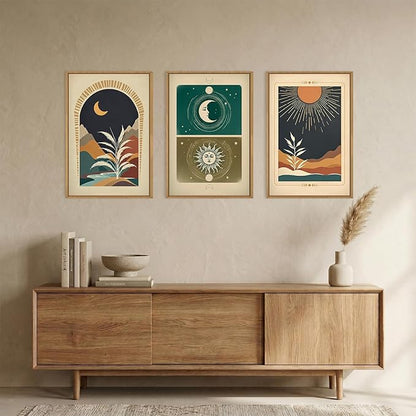KAIRNE Moody Sun and Moon Framed Canvas Wall Art Set,Boho Desert Botanical Wall Decor,Abstract Vintage Black Art Prints,Retro Southwestern Artwork for Living Room,Bedroom,Farmhouse,Office-16 x24 x3