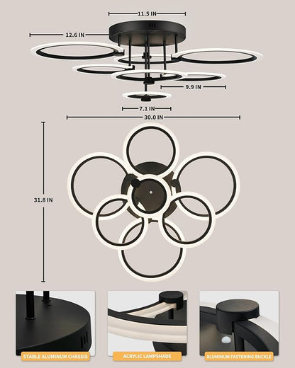 Modern LED Ceiling Light 7 Rings Dimmable Fixtures with Remote Black Close to Ceiling Light 31.8" 130W 3000K-6500K Flush Mount Ceiling Lamp for Living Room,Bedroom,Kitchen
