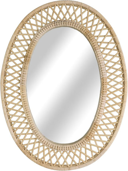 Oval Rattan Wall Mirror – 24x32 Inch Boho Elegance with Woven Frame, Decorative Mirror for Bathroom Vanity Entryway Living Room