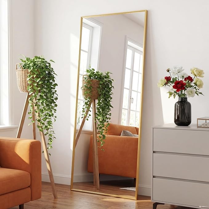 Sweetcrispy 68"x26" Full Length Mirror, Full Body Mirror with Aluminum Alloy Thin Frame, Leaning or Standing, Suitable for Bedroom, Livingroom, Cloakroom, Gold