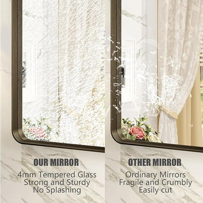 36x36 Square Bathroom Framed Mirror for Wall, Brushed Bronze Metal Bathroom Vanity Mirror, Rounded Rectangle Mirror, Anti-Rust, Tempered Shatterproof (Horizontal/Vertical)
