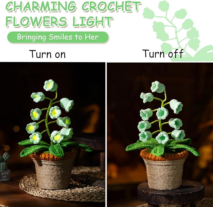 Lily of The Valley Lamp, Green Crochet Artificial Flowers with Night Lights, Cordless Table Lamp -Birthday Gifts for Women,Cozy Home Decor Mothers Day Gifts