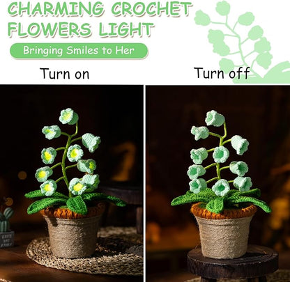 Lily of The Valley Lamp, Green Crochet Artificial Flowers with Night Lights, Cordless Table Lamp -Birthday Gifts for Women,Cozy Home Decor Mothers Day Gifts