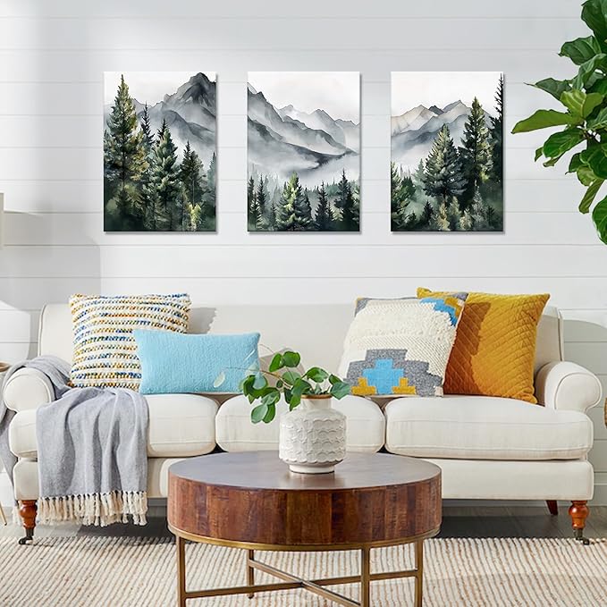WANGTIAO 3 Panels Framed Canvas Wall Art for Living Room, Abstract Mountain Forest Views Ink Wall Decor for Dedroom Office Wall Paintings Green Landscape Art Prints Pictures Ready to Hang 12"x16"x3