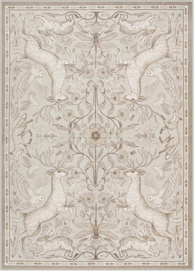 Lahome 5x7 Washable Area Rugs, Dorval Boho Deer Rugs for Living Room, Neutral Botanical Non Slip Low Pile Soft Carpet for Bedroom Dining Room Nursery Office Home Decor Beige