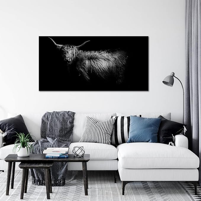 LevvArts Black and White Wall Art Canvas Highland Cow Pictures Painting Farm Animal Portrait Art Poster Artwork for Living Room Bedroom Modern Home Decor Ready to Hang 24"x48"