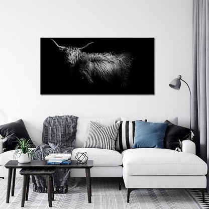 LevvArts Black and White Wall Art Canvas Highland Cow Pictures Painting Farm Animal Portrait Art Poster Artwork for Living Room Bedroom Modern Home Decor Ready to Hang 24"x48"